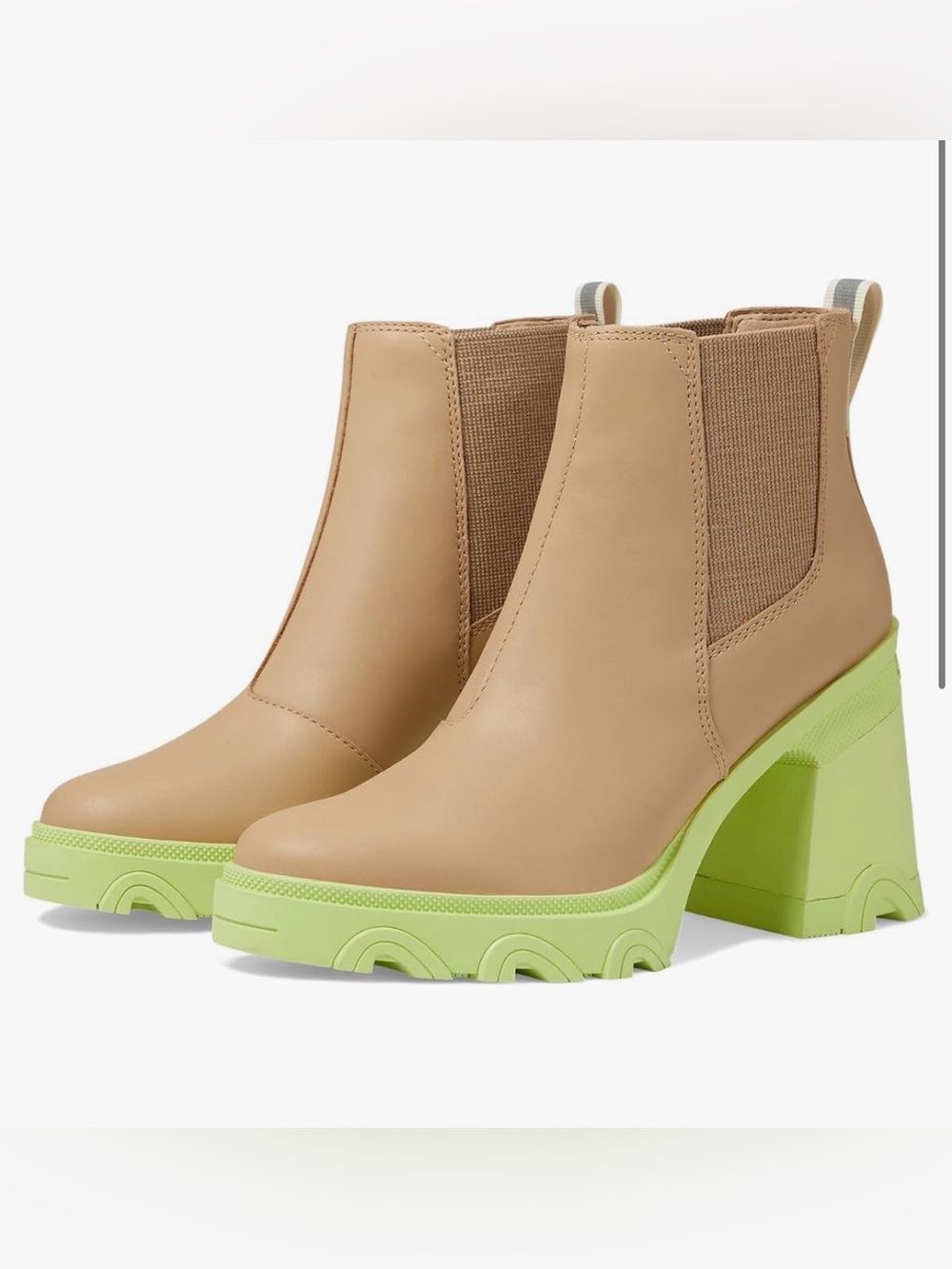 SOREL BREX Tan Chelsea Boots with Neon Lime Green Platform Block Heel NWT new
